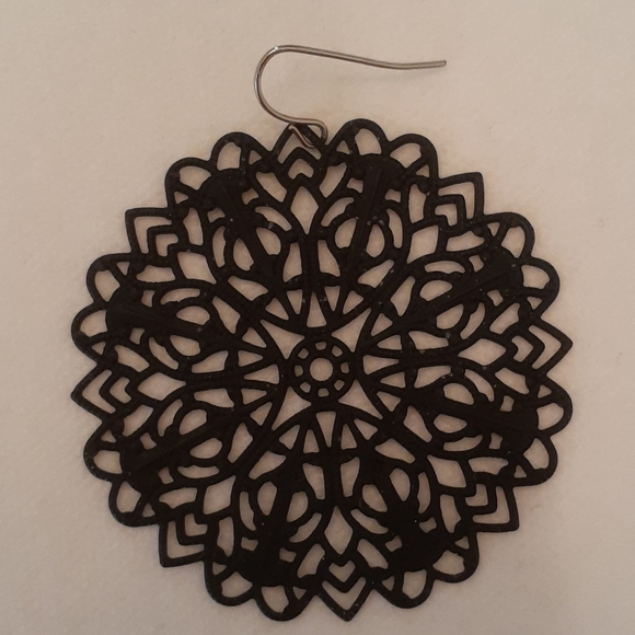 Black 2" Round Mandala Style Earrings - Picture 2 of 2